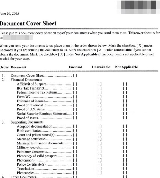 Document cover sheet and assembling national visa center dept of