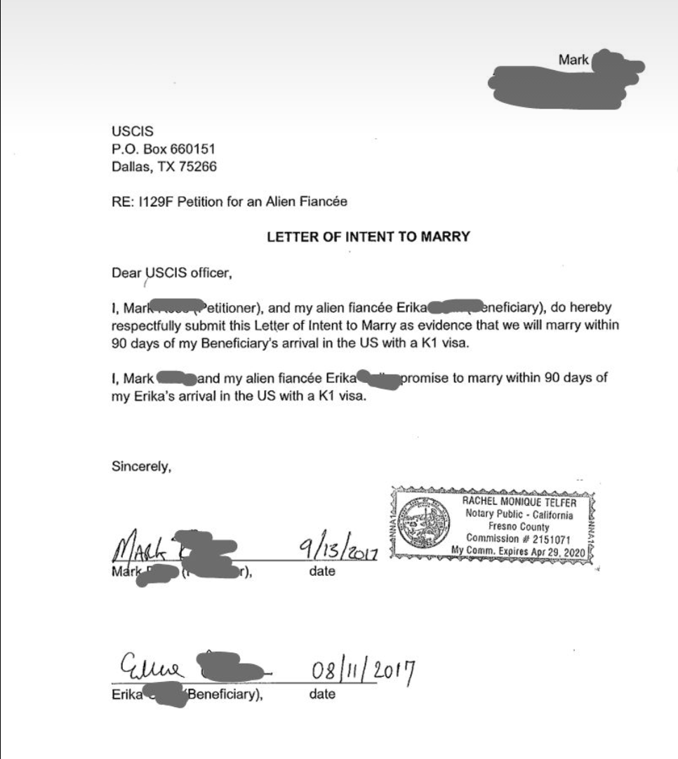 k1 visa application letter