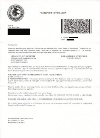 Fingerprint Appointment Letter