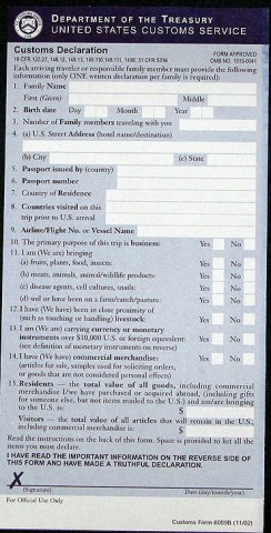 US Customs Form Side 1