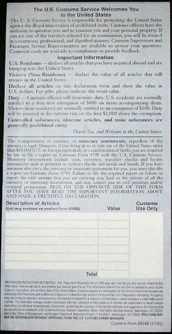 US Customs Form Side 2