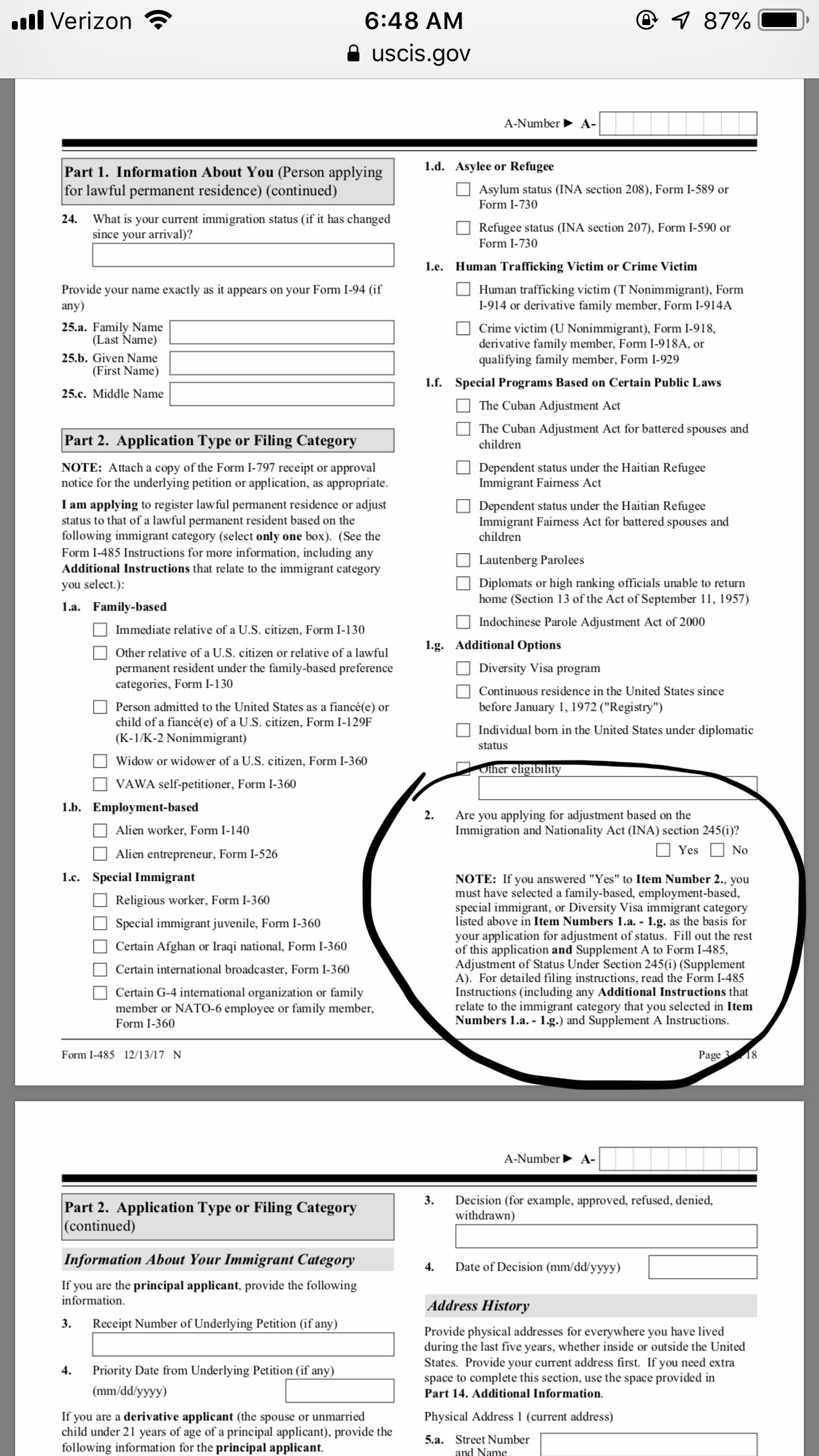 What should I put on form i485 Adjustment of Status Case Filing and