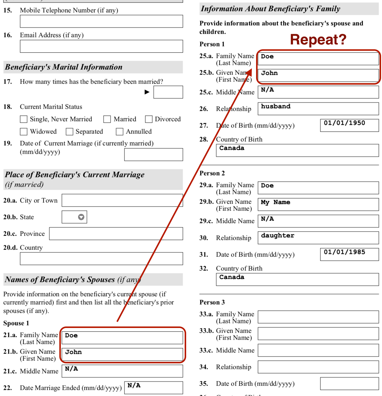 question about filling out I130 for parents Bringing Family Members