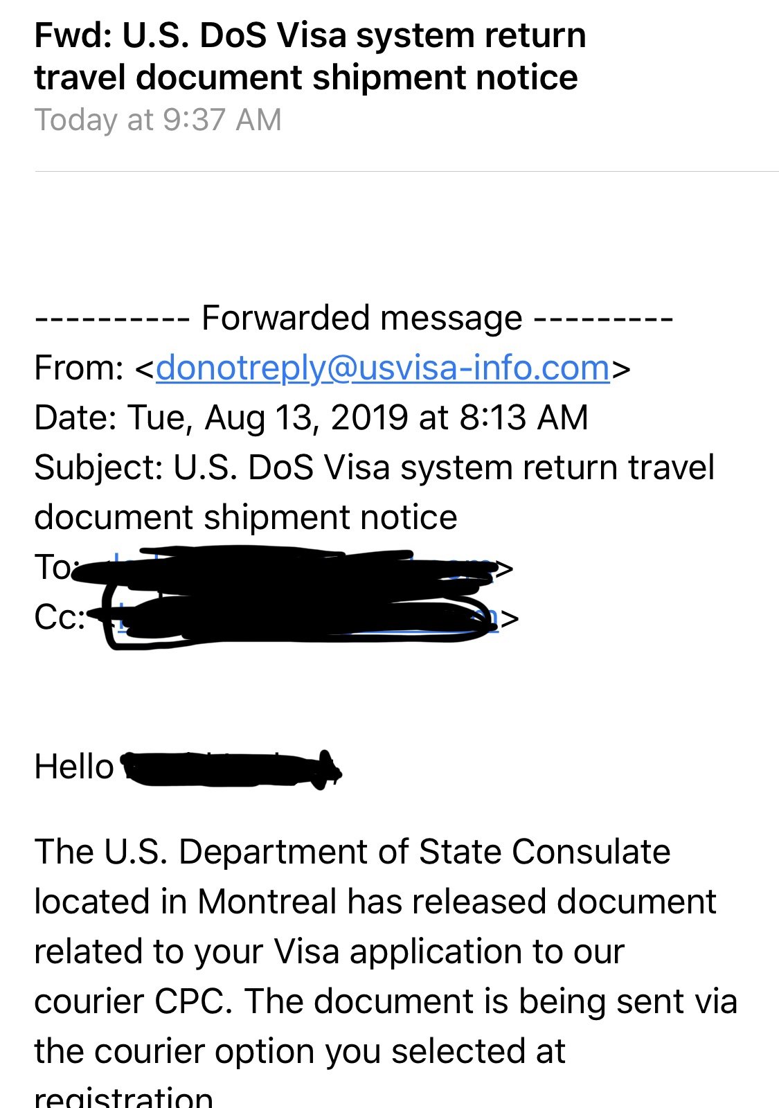 Received email u s dos visa system return travel document shipment
