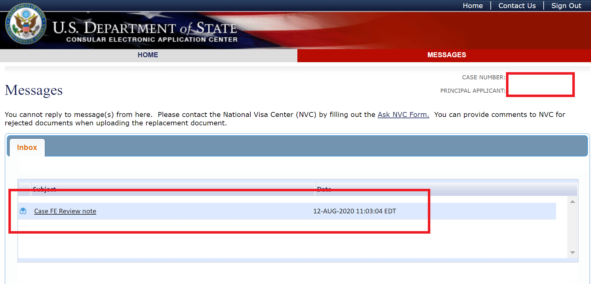 Case FE Review note not able to open National Visa Center (Dept of