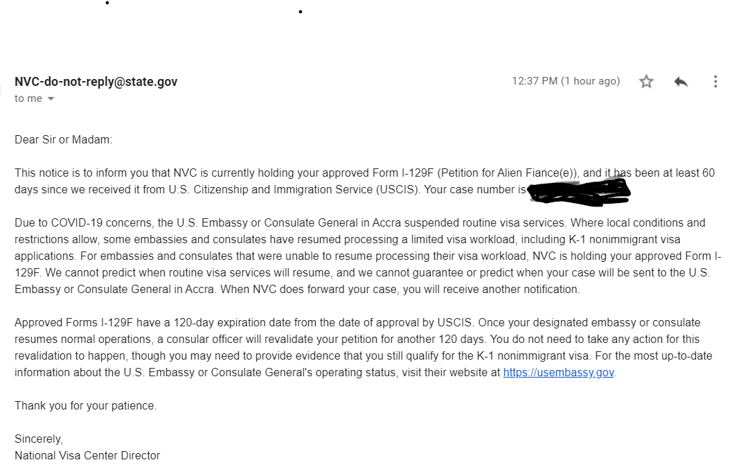 Email from NVCCase Status Update National Visa Center (Dept of