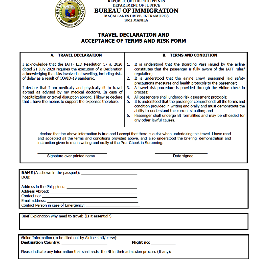 e travel form for philippines